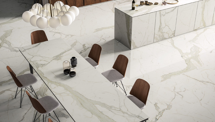 Calacatta marble-effect porcelain stoneware kitchen countertops for islands, worktops and tables