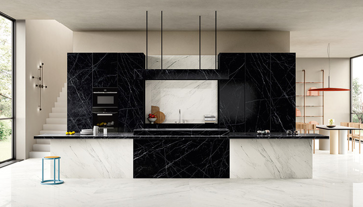 SapienStone Dark Marquina black marble-effect kitchen countertop. Extremely durable black veined kitchen top for kitchen island, countertop, and table